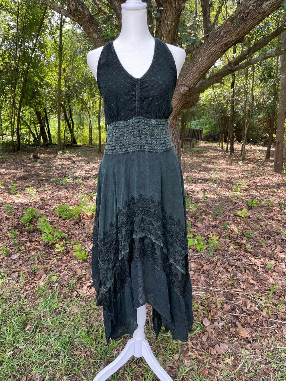 Vintage embroidered Sleeveless V-Neck Dark Green Dress, size L